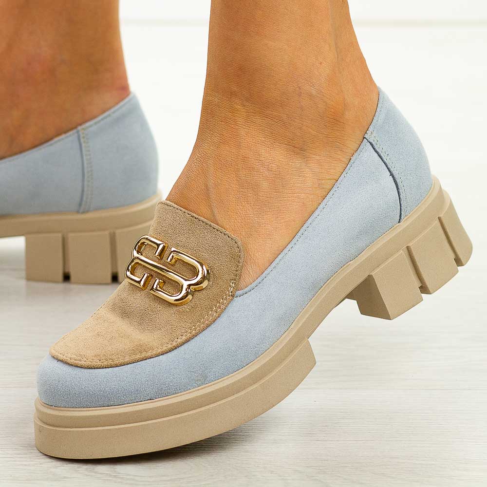 NIebiesko beżowe zamszowe Polskie mokasyny damskie Deoni D001