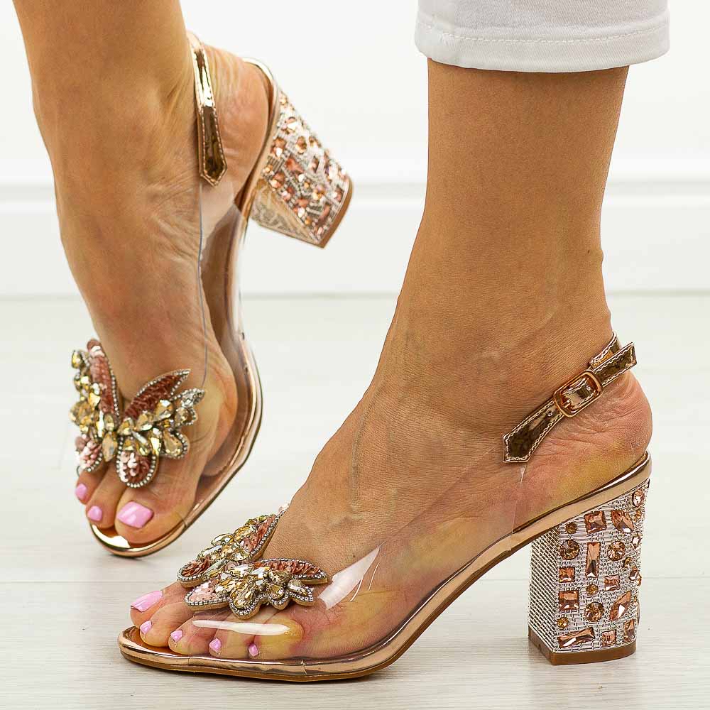 Rose silikonowe sandały damskie na słupku z kryształami, transparentne Dia 701