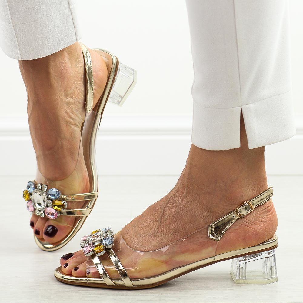 Złote silikonowe sandały damskie na obcasie z kryształami, transparentne Sergio Leone Sk047