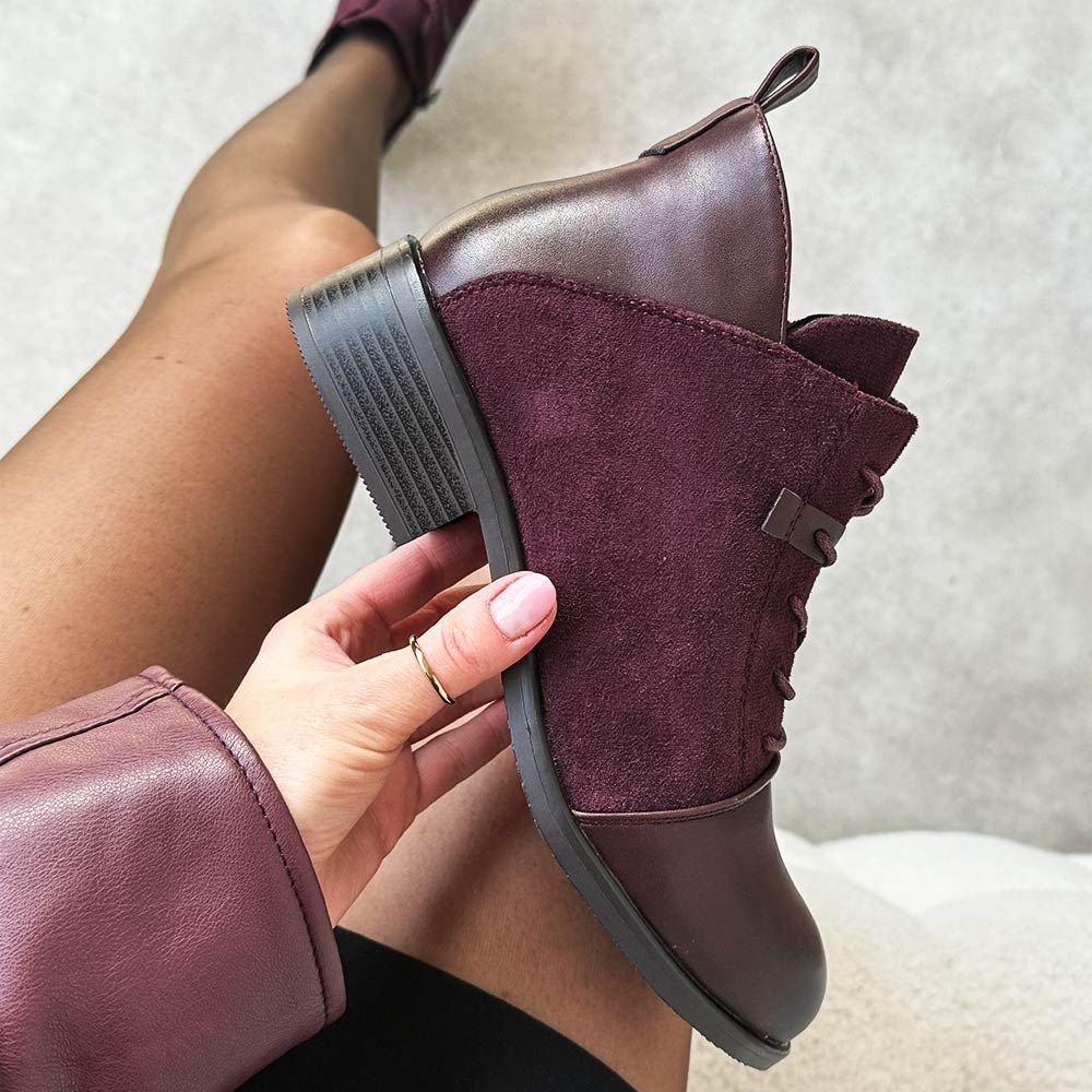 Bordowe płaskie botki damskie M.Daszyński 2458-7