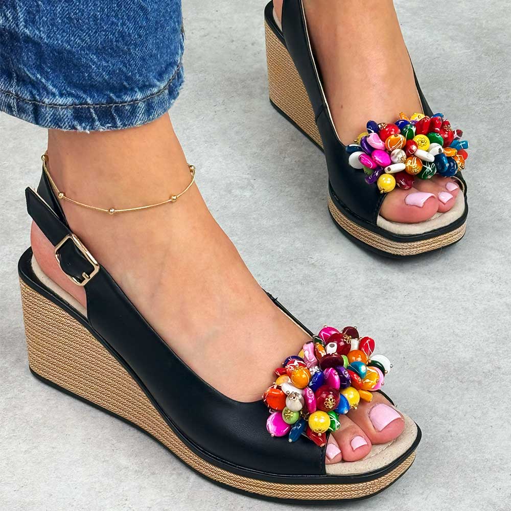 Czarne skórzane sandały damskie na koturnie Filippo Ds6021/25