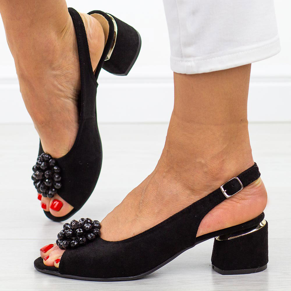 Czarne/bk zamszowe Polskie sandały damskie na obcasie Deoni D216A