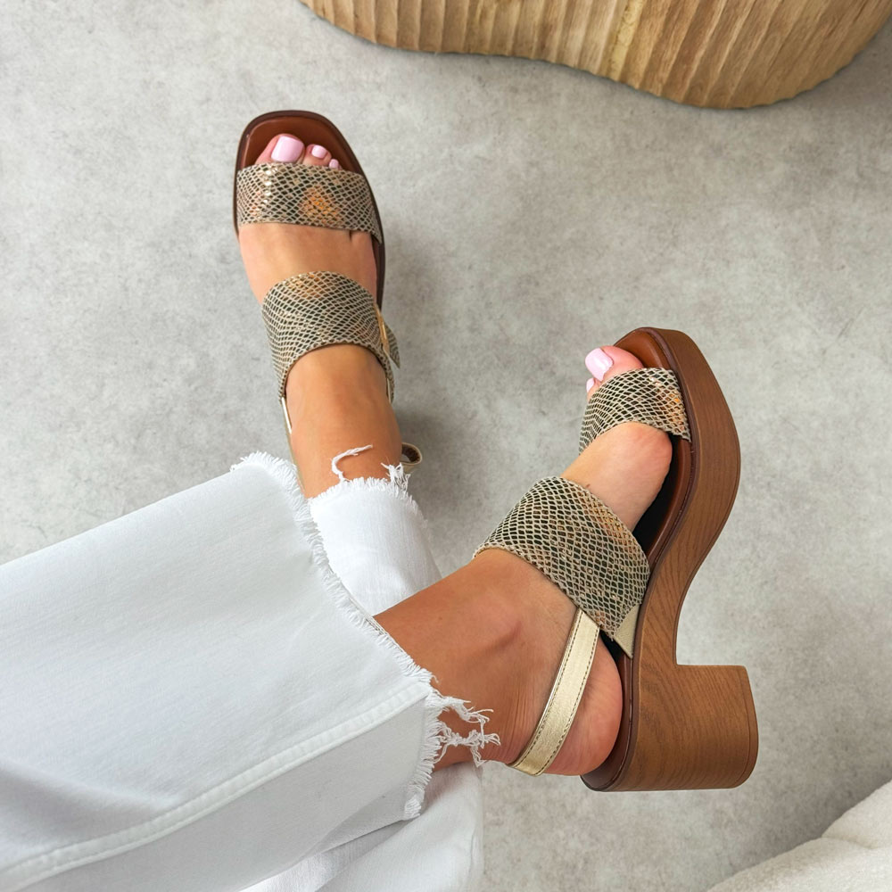 Złote wąż sandały damskie na obcasie M.Daszyński 23126-9