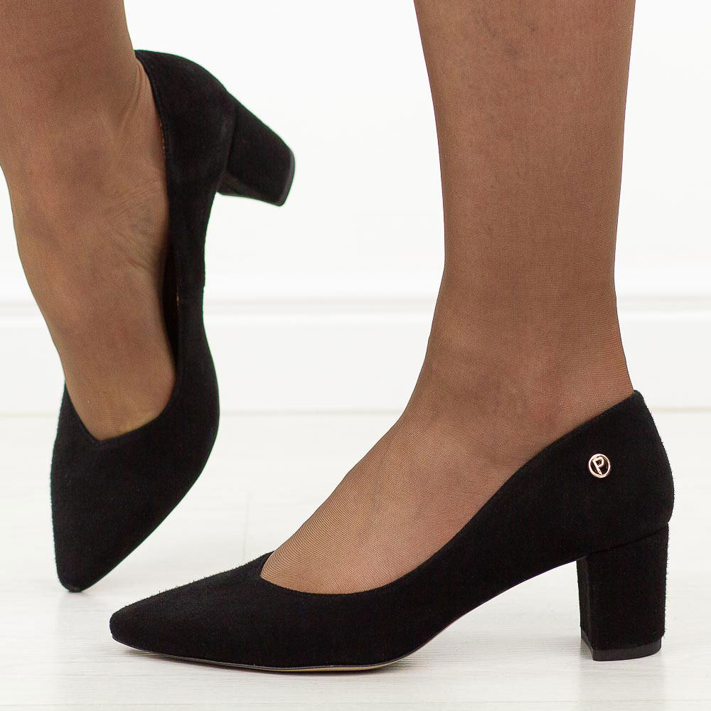 Czarne zamszowe skórzane Polskie czółenka damskie na słupku Prestige 2105 OBL