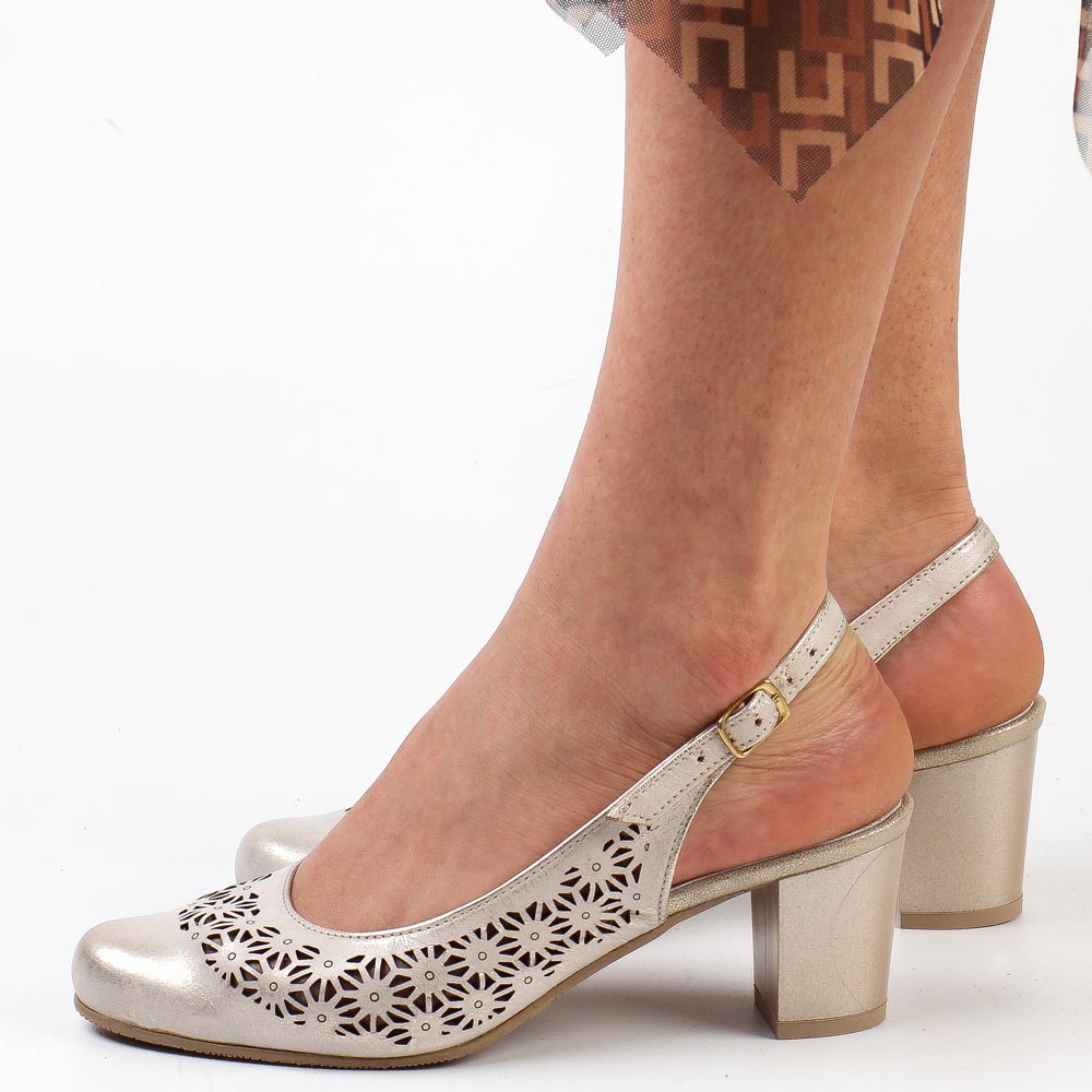 Złote skórzane Polskie czółenka damskie z odkryta piętą Deoni L85