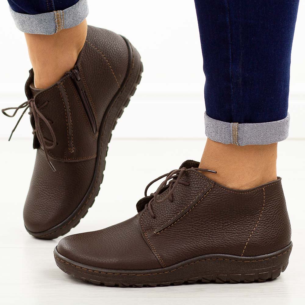 Czekoladowe skórzane Polskie botki damskie zimowe Deoni D466