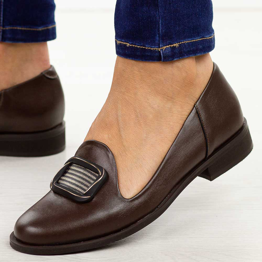 Czekoladowe skórzane Polskie półbuty damskie Deoni D111A