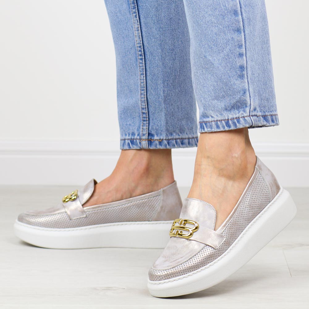 Złote skórzane Polskie półbuty damskie na platformie Deoni D100a