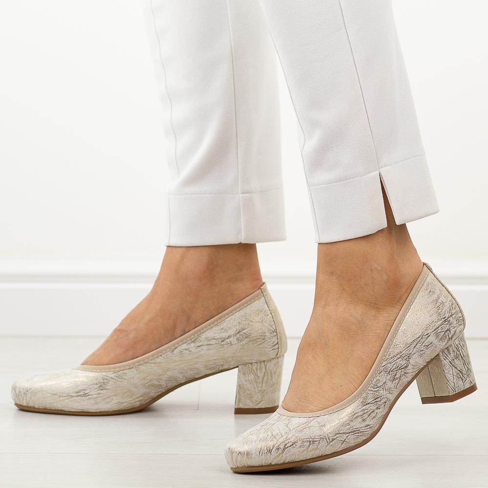 Złote czółenka damskie na obcasie M.Daszyński Sa212-6