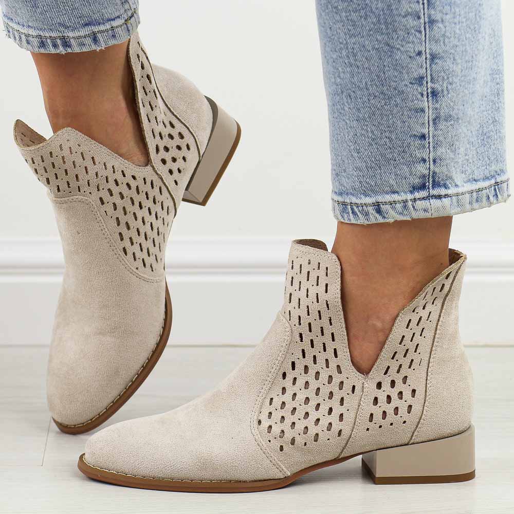 Beżowe jesienne botki damskie na obcasie M.Daszyński Sa197-28