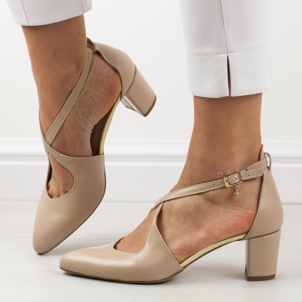 Beżowe s128 skórzane czółenka damskie na słupku Prestige 2222