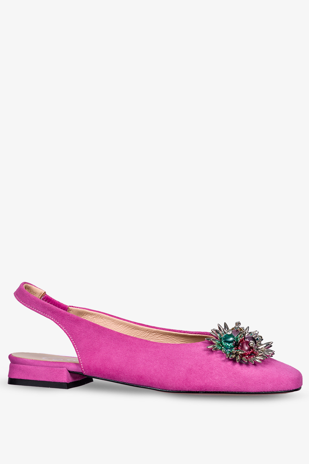 Fuksjowe baleriny skórzane z ozdobą z odkrytą piętą produkt polski casu 2400-332n