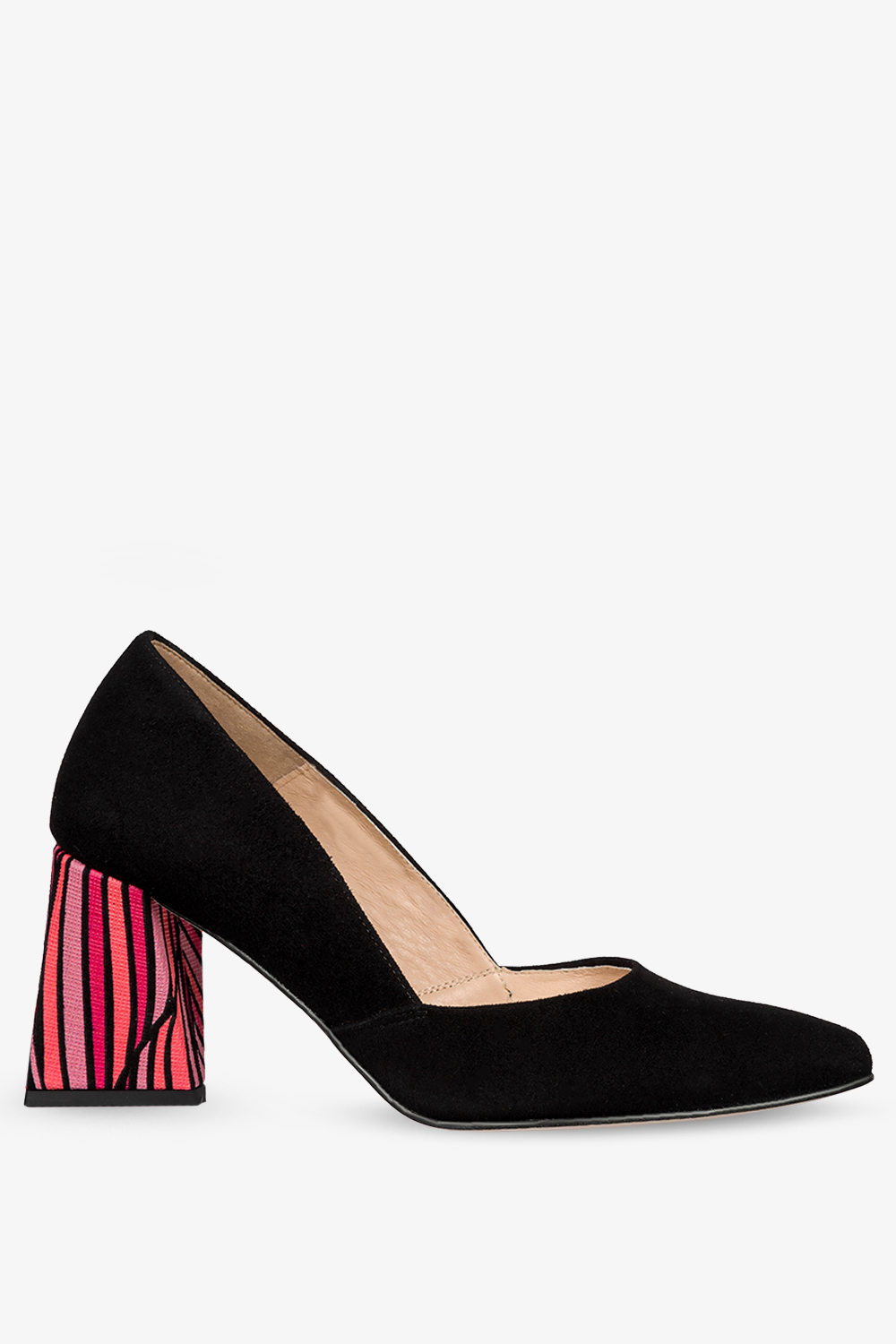 Czarne czółenka skórzane damskie na zdobnym szerokim klocku produkt polski casu ds-728-a