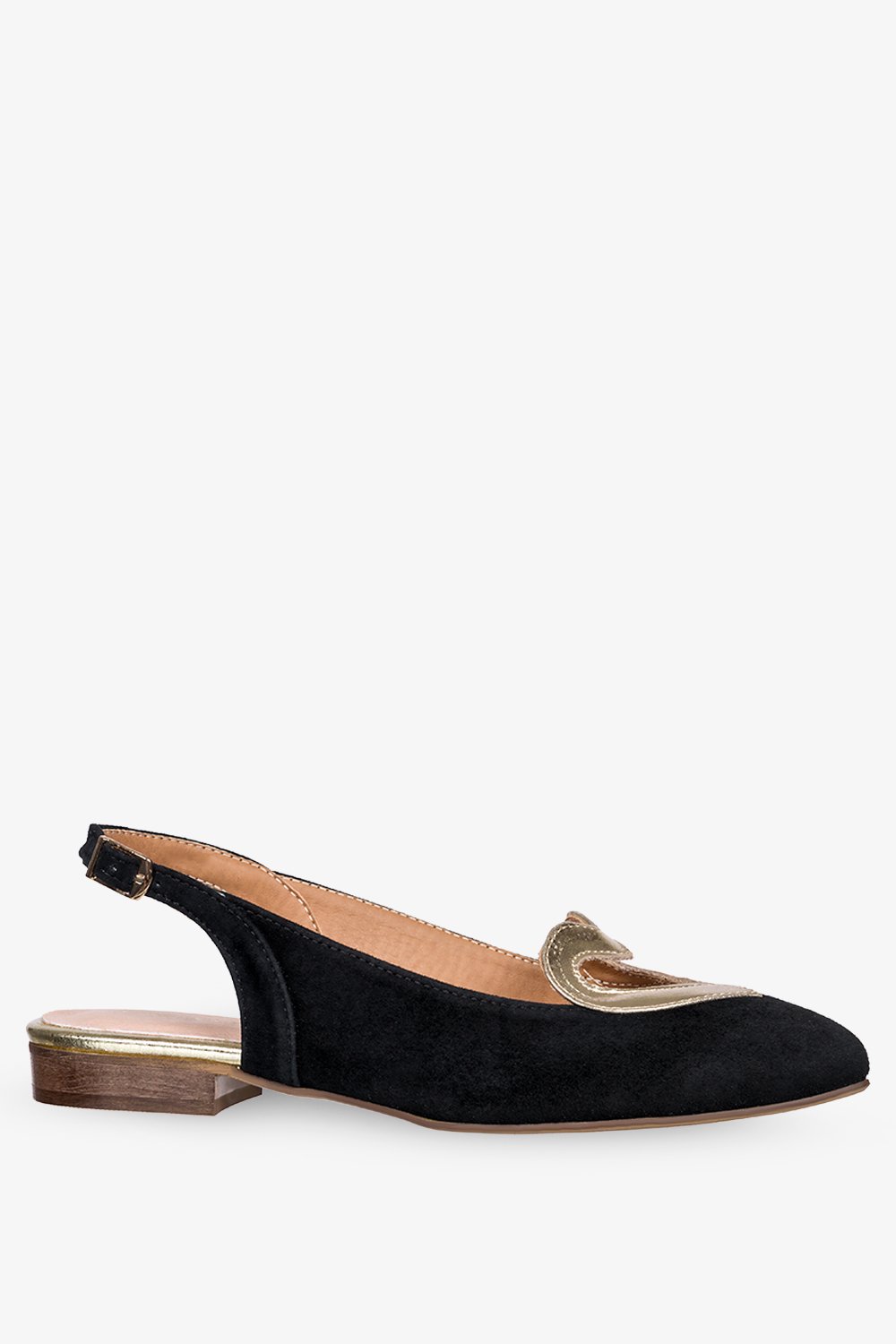 Czarne baleriny skórzane damskie ze złotym sercem z odkrytą piętą produkt polski casu 3368