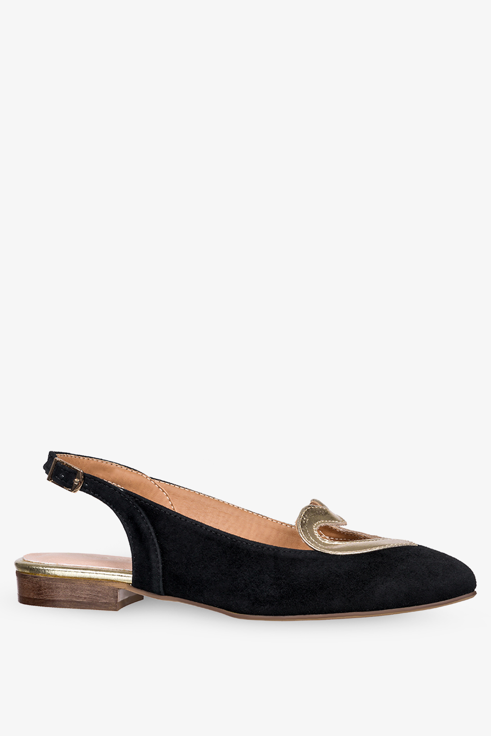 Czarne baleriny skórzane damskie ze złotym sercem z odkrytą piętą produkt polski casu 3368