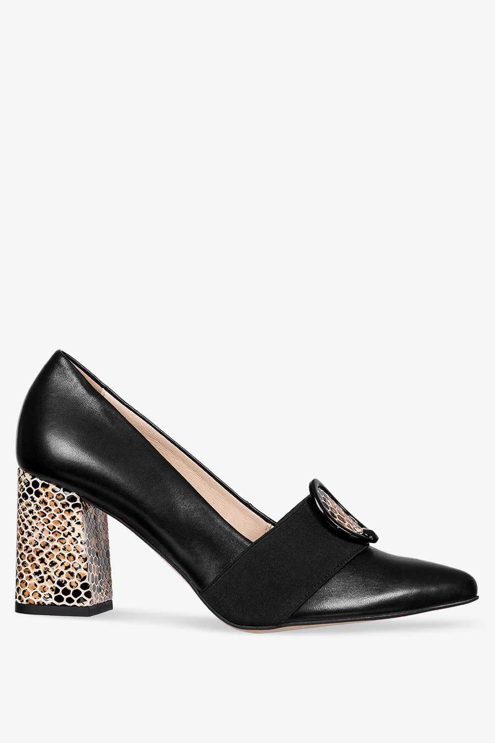 Czarne czółenka skórzane na ozdobnym słupku z ozdobą produkt polski casu 2291