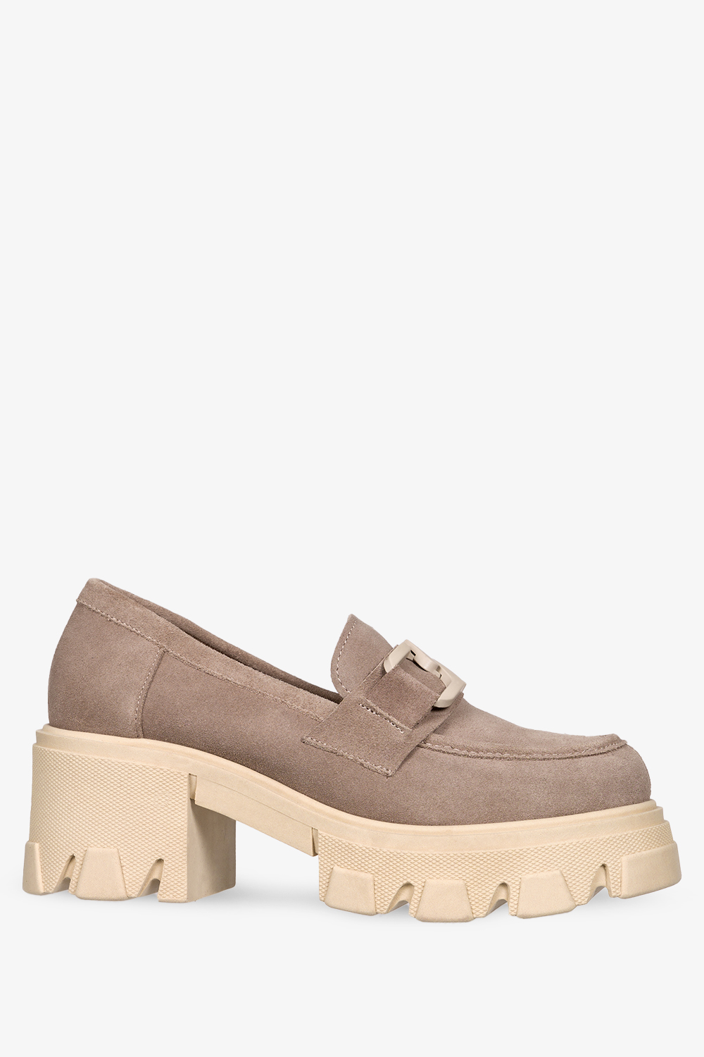 Beżowe mokasyny skórzane na słupku z łańcuchem produkt polski casu 20138