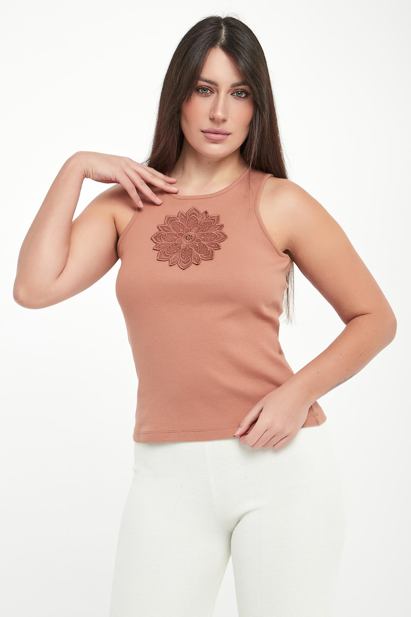 Top damski prążkowany z haftem TWINSET