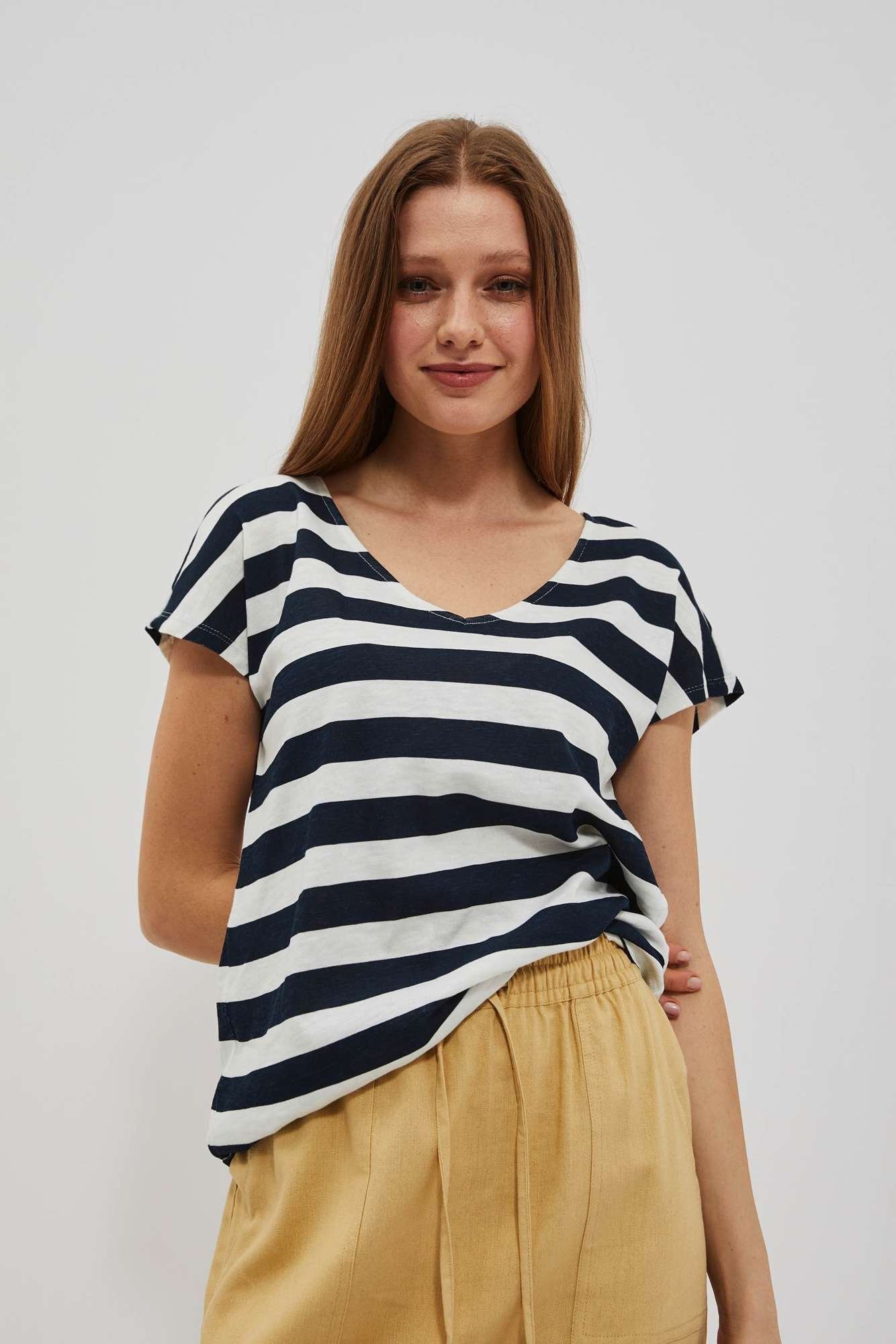 T-shirt w paski z dekoltem w serek i krótkimi rękawami granatowy