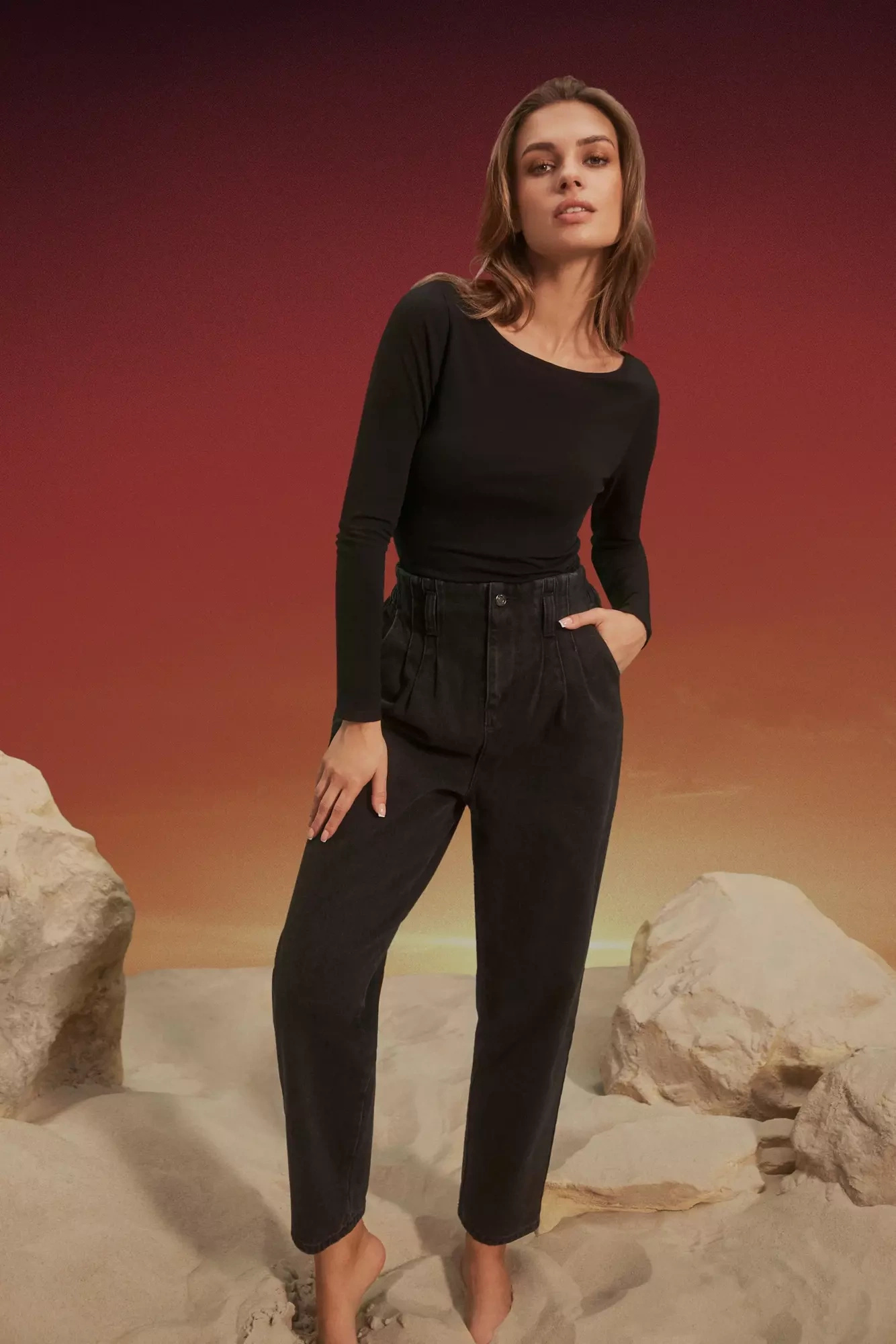 Jeansy paperbag czarne