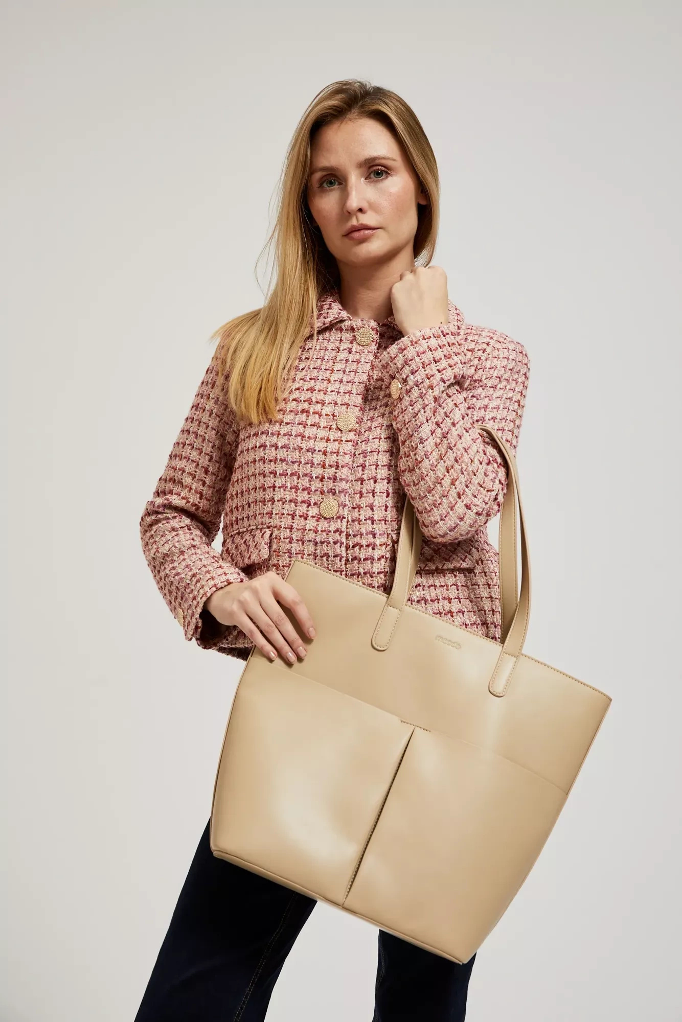 Torba shopper zapinana na zamek beżowa