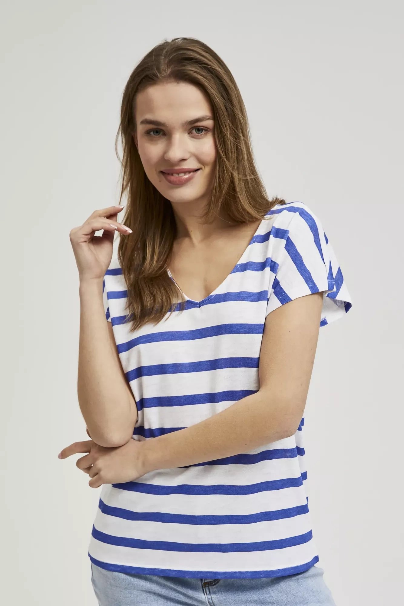 Bluzka w cienkie paski z krótkimi rękawami niebieska