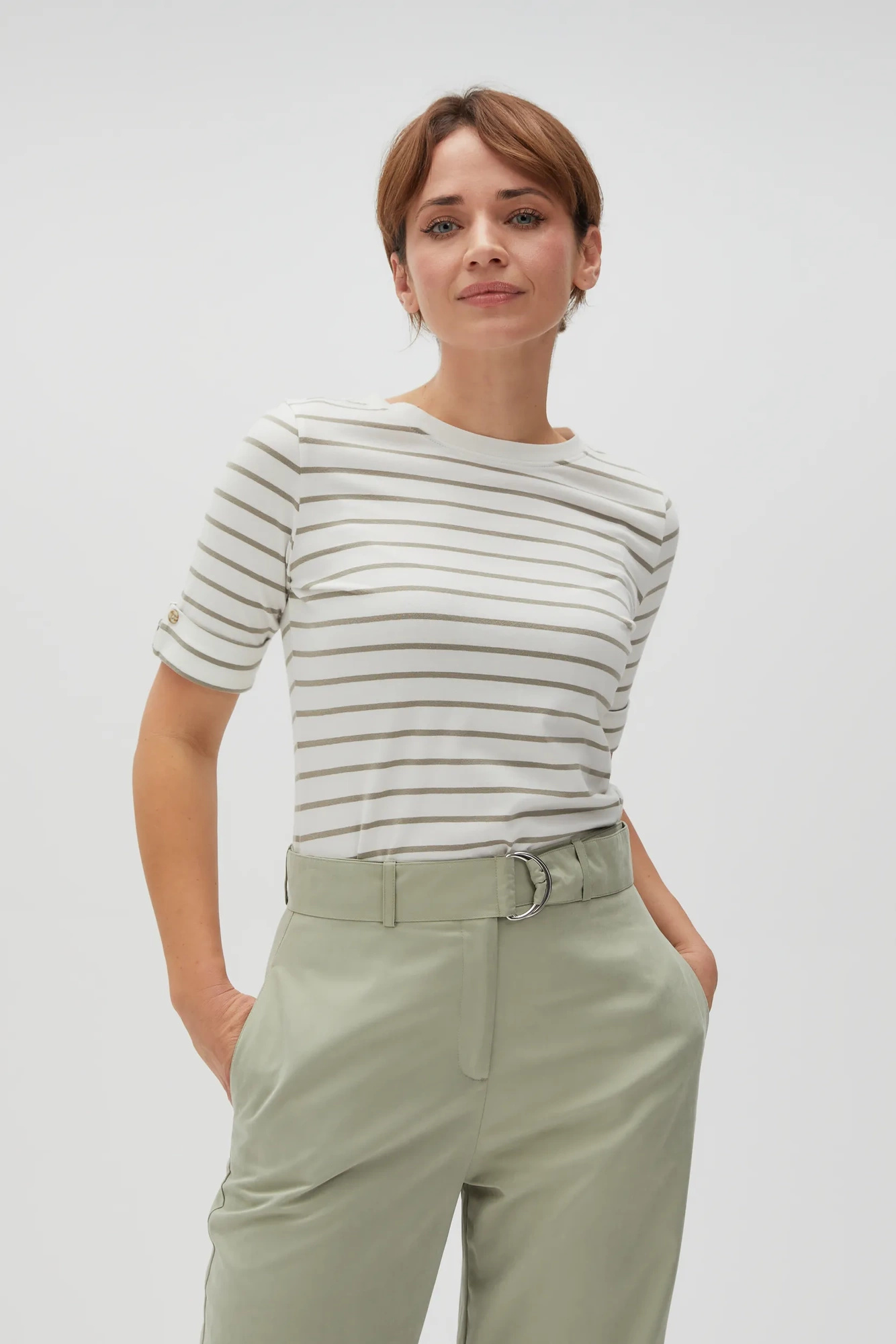 Bluzka w paski z okrągłym dekoltem oliwkowa