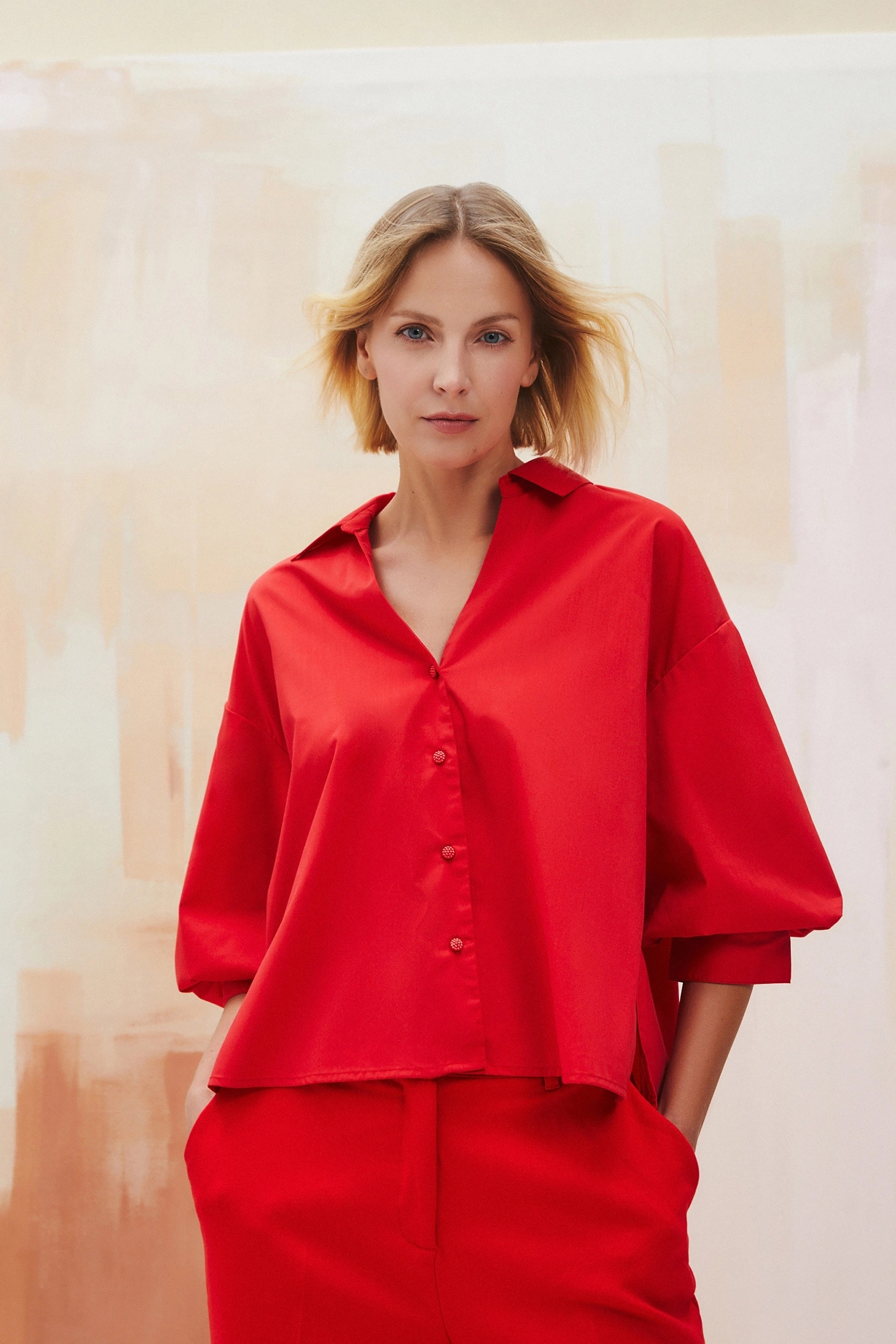 Koszula oversize z bufastymi rękawami czerwona