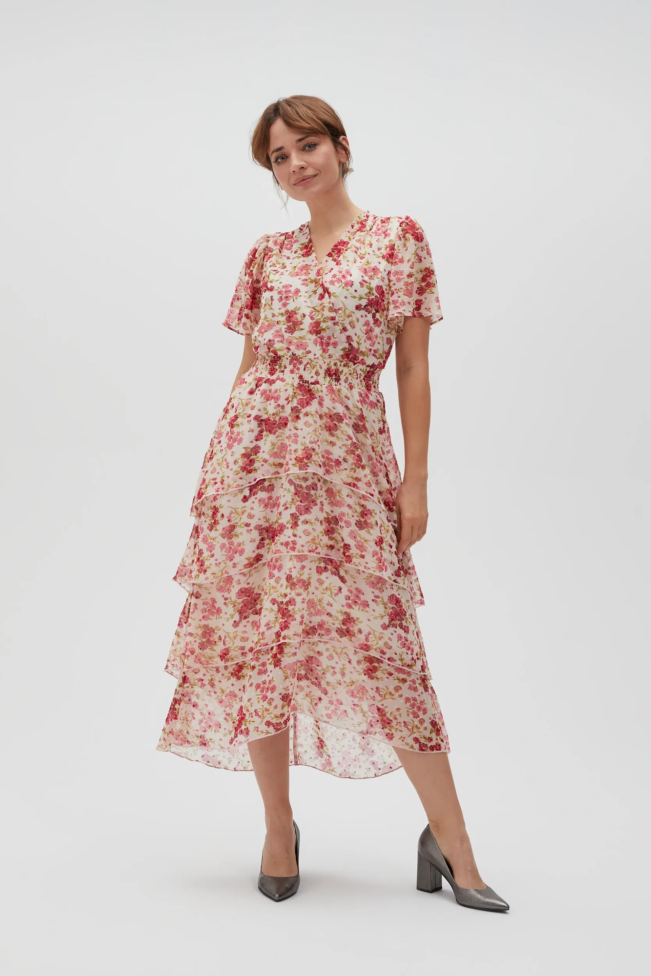 Wiskozowa sukienka w kwiaty różowa