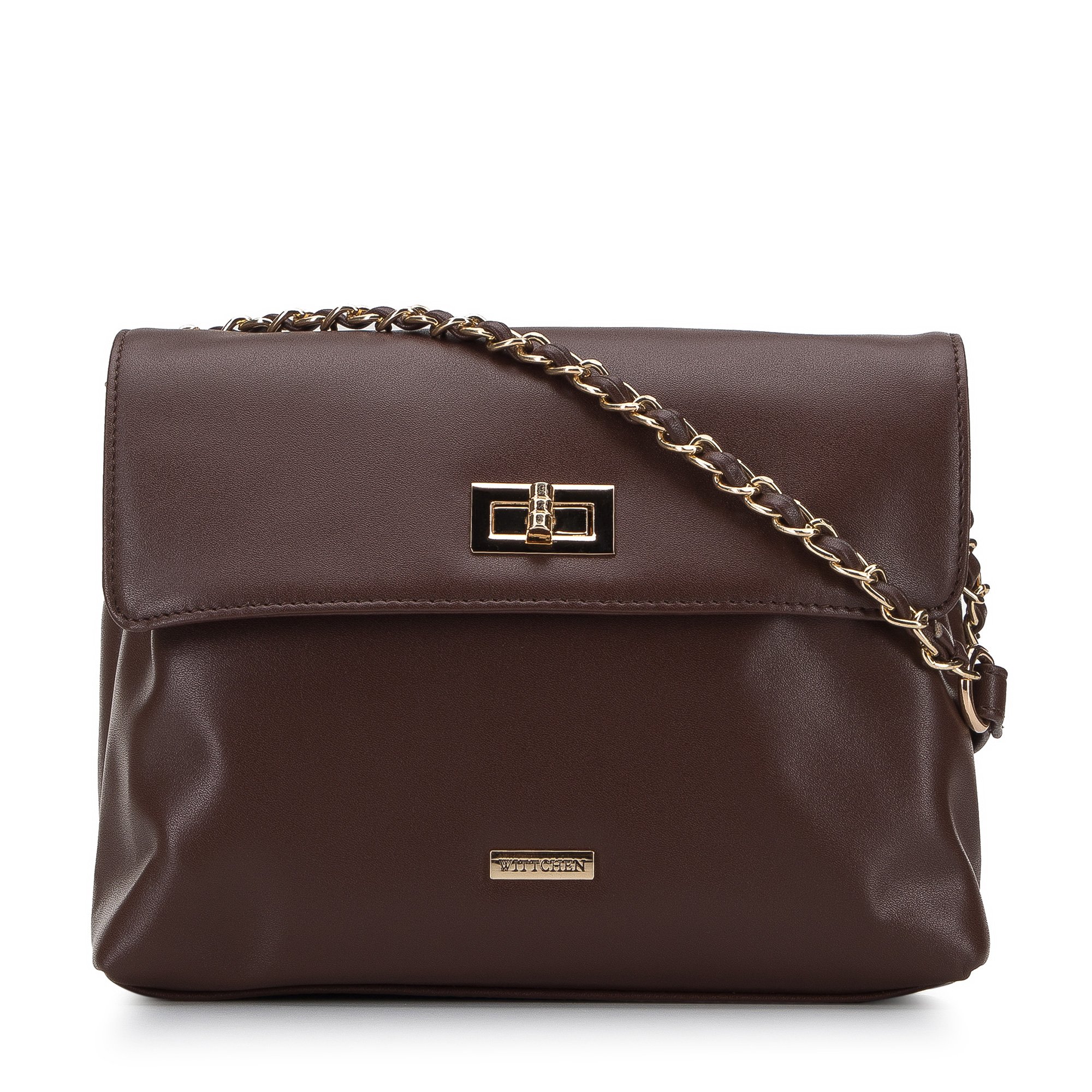 Damska torebka z gładką klapą i łańcuszkiem brązowa