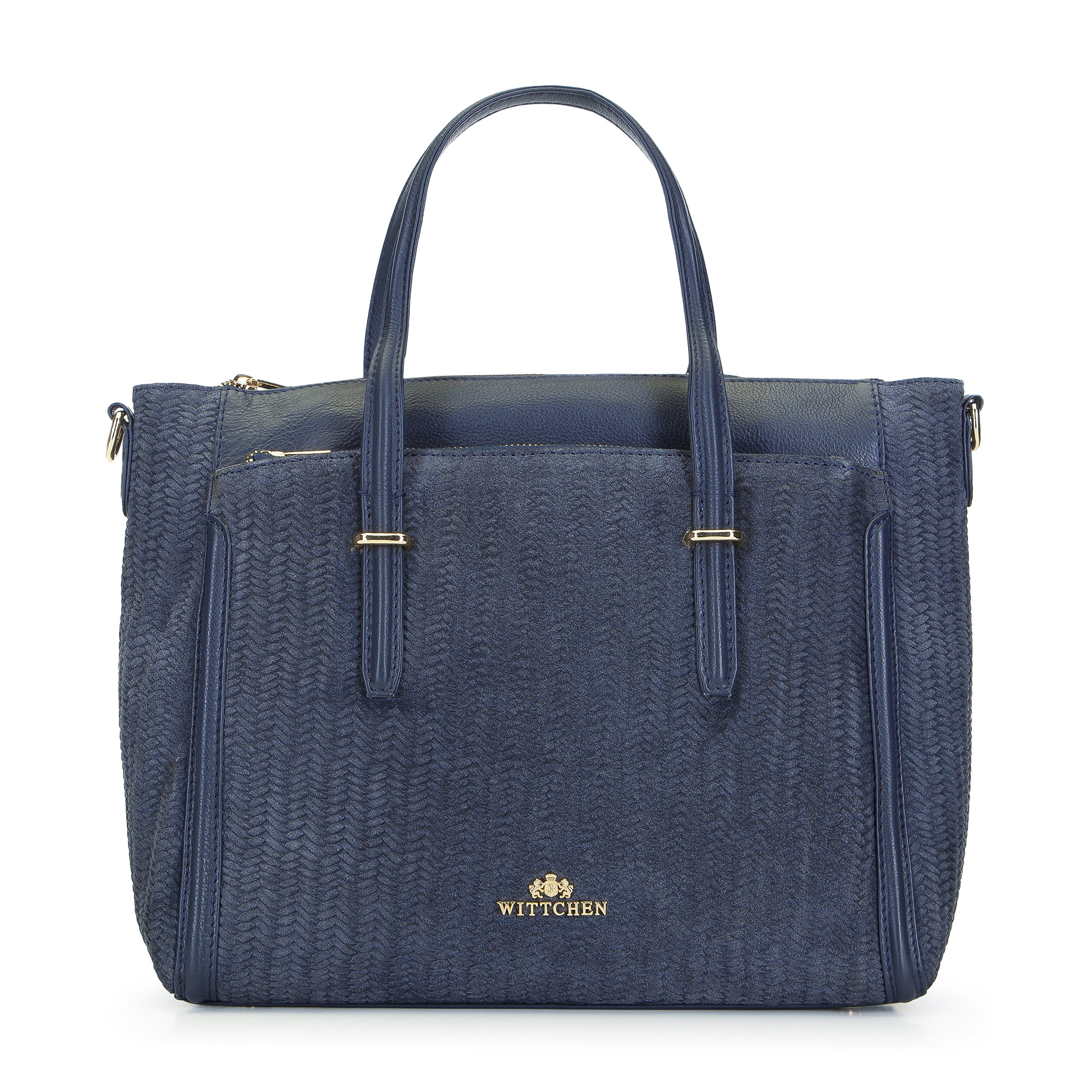 Kuferek skórzany z motywem plecionki na froncie i bokach granatowy