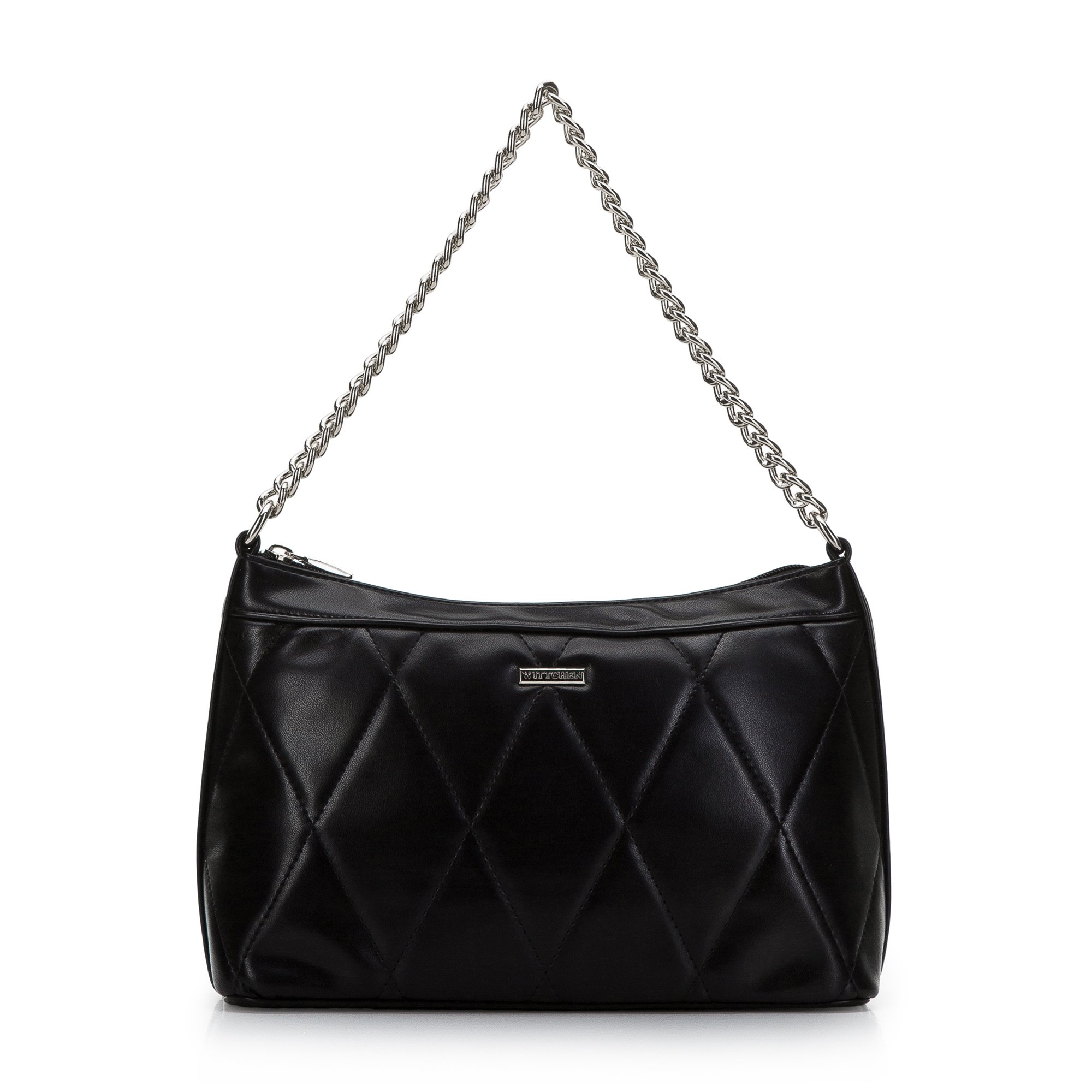 Damska torebka z pikowanym frontem na łańcuszku czarno-srebrna