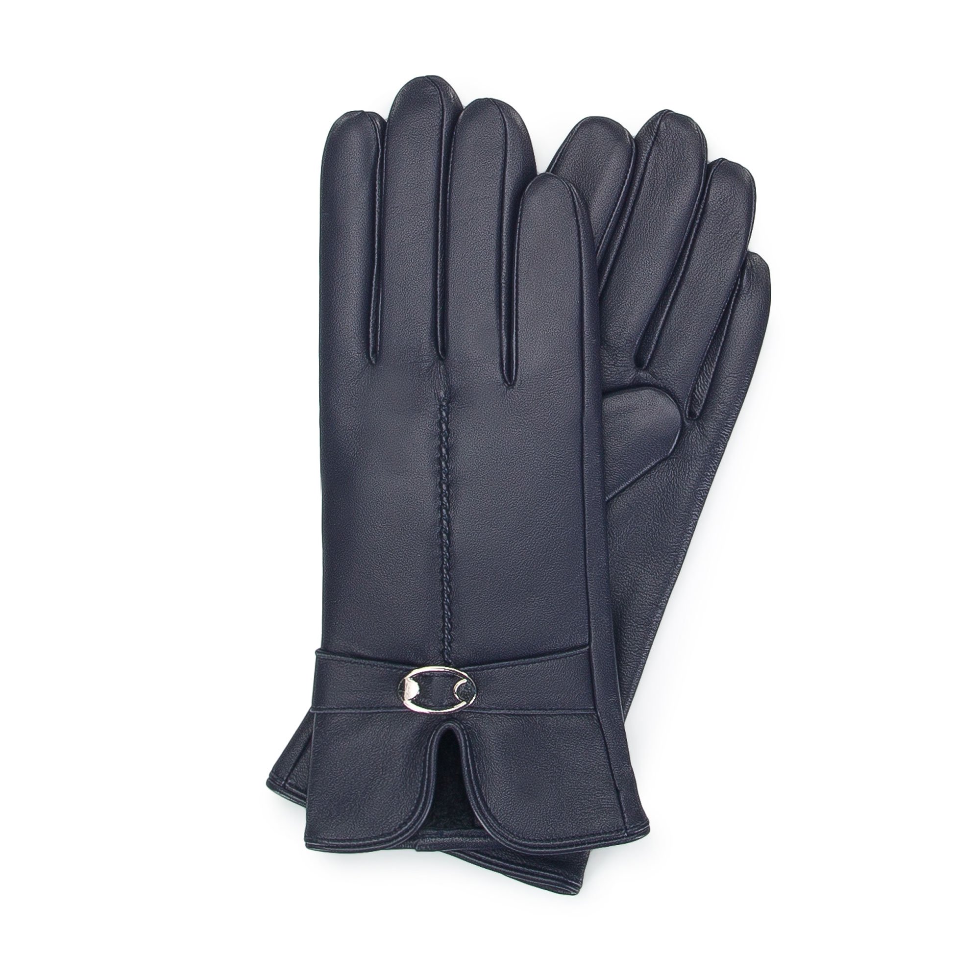 Damskie rękawiczki skórzane z wycięciem i klamerką granatowe