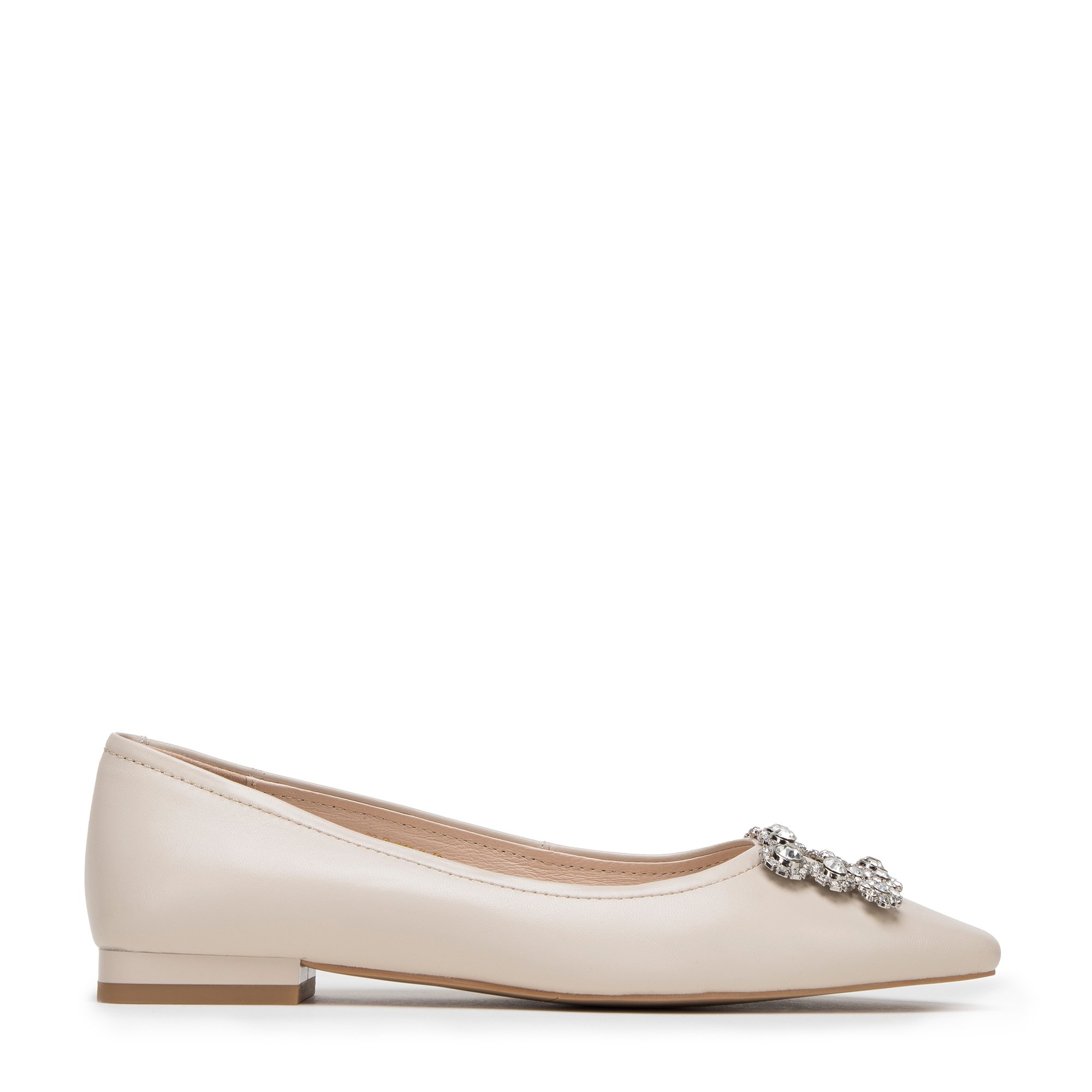 Baleriny skórzane z błyszczącą klamrą jasnobeżowe