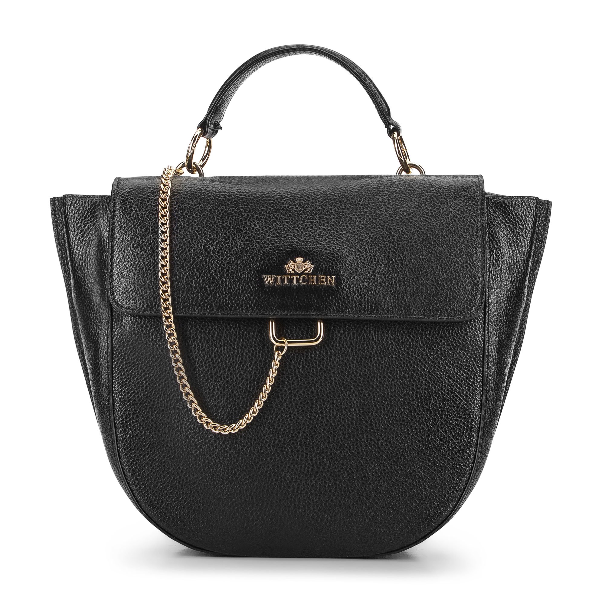 Damska listonoszka ze skóry z groszkowaniem i łańcuszkiem czarna