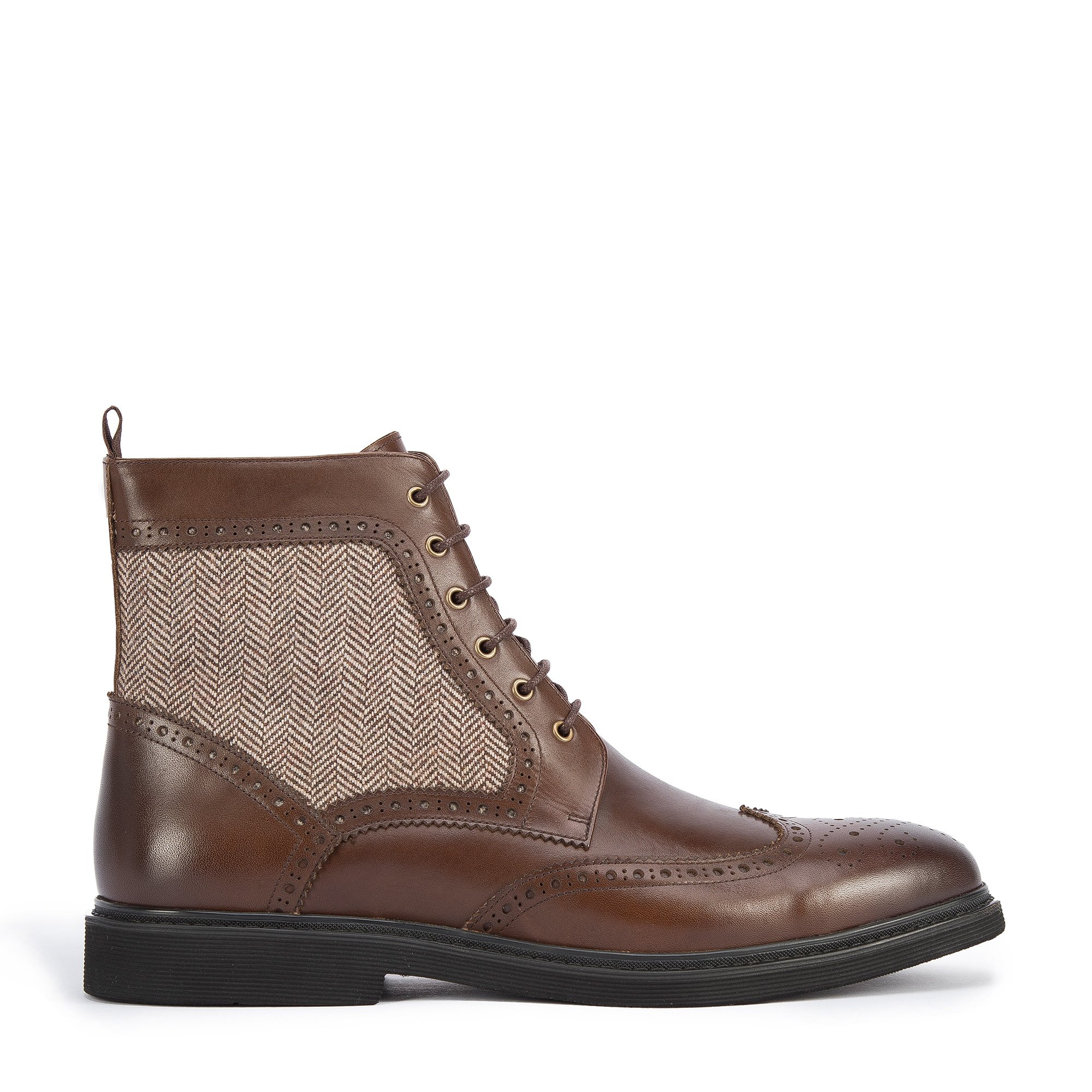 Męskie trzewiki ze skóry z motywem w jodełkę brązowe