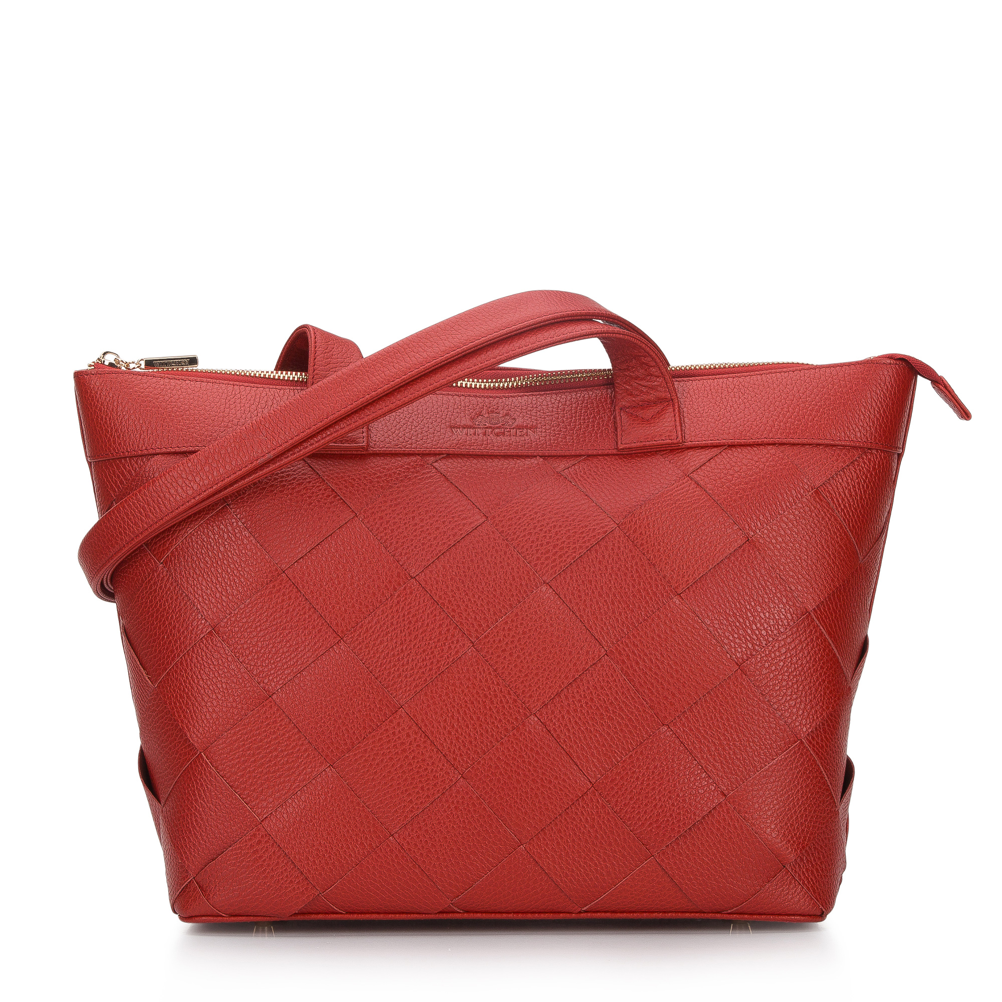 Damska shopperka skórzana trapezowa z plecionką czerwona