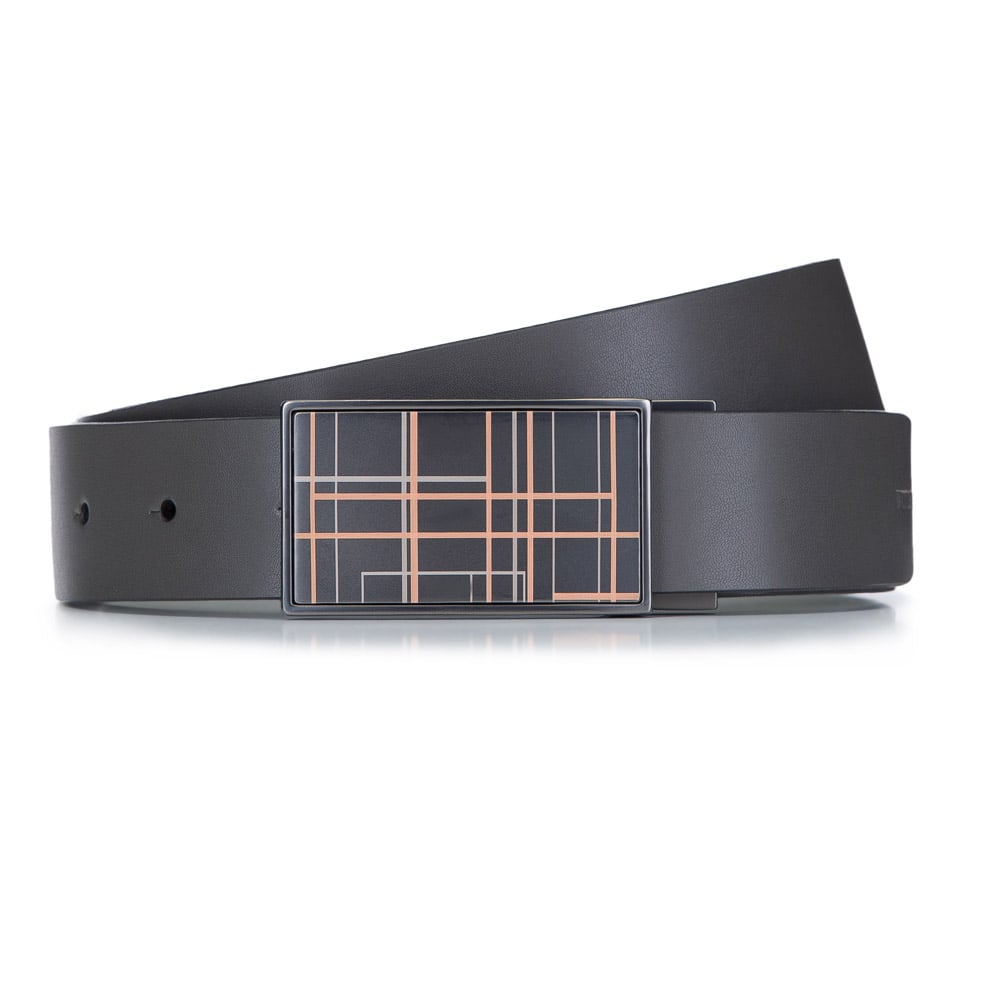 Męski pasek skórzany z klamrą w paski dwustronny szaro-czarny