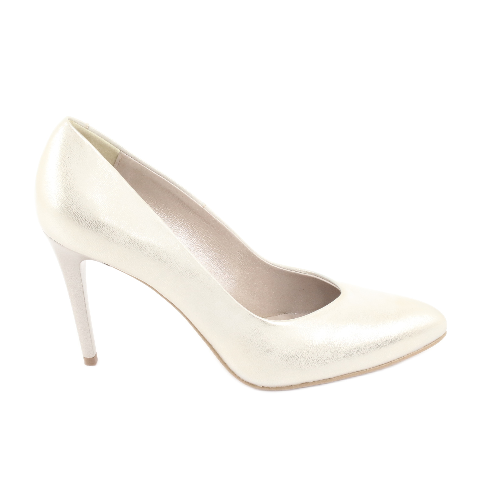 Espinto Skórzane damskie złote czółenka 889 na szpilce złoty