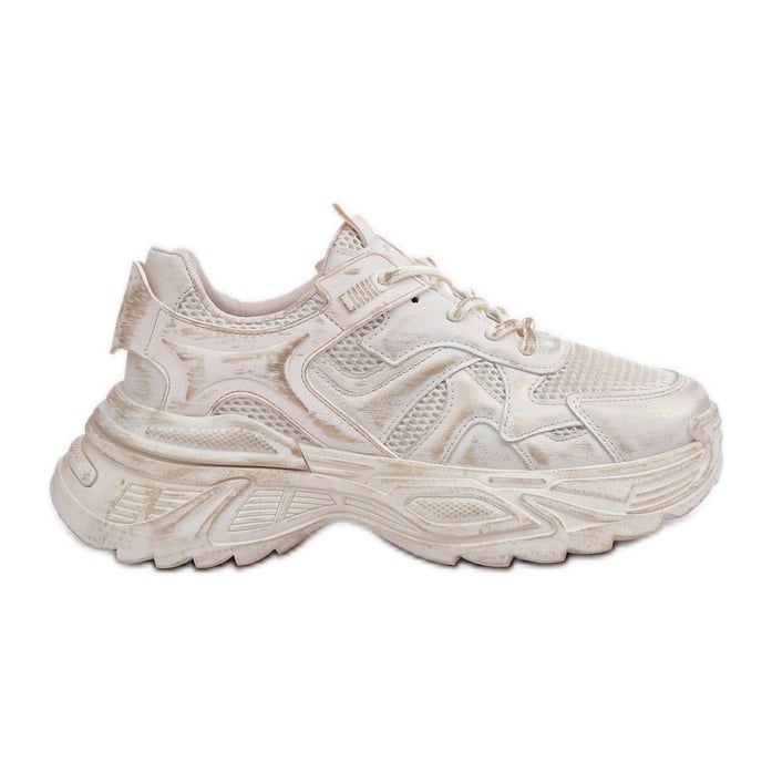 Sneakersy Damskie Z Przetarciami Na Platformie Beżowe beżowy