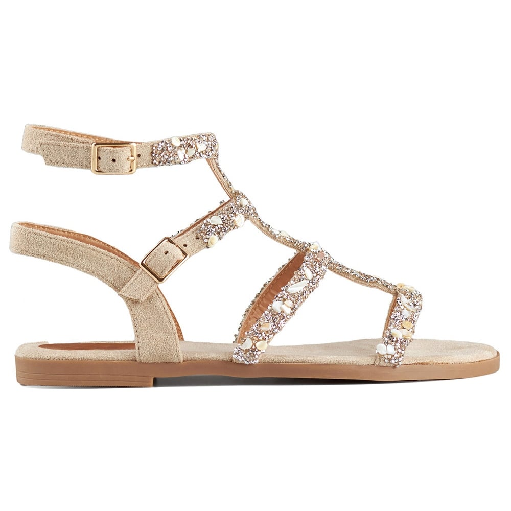 Beżowe sandały gladiatorki damskie z ozdobnymi kamieniami beżowy