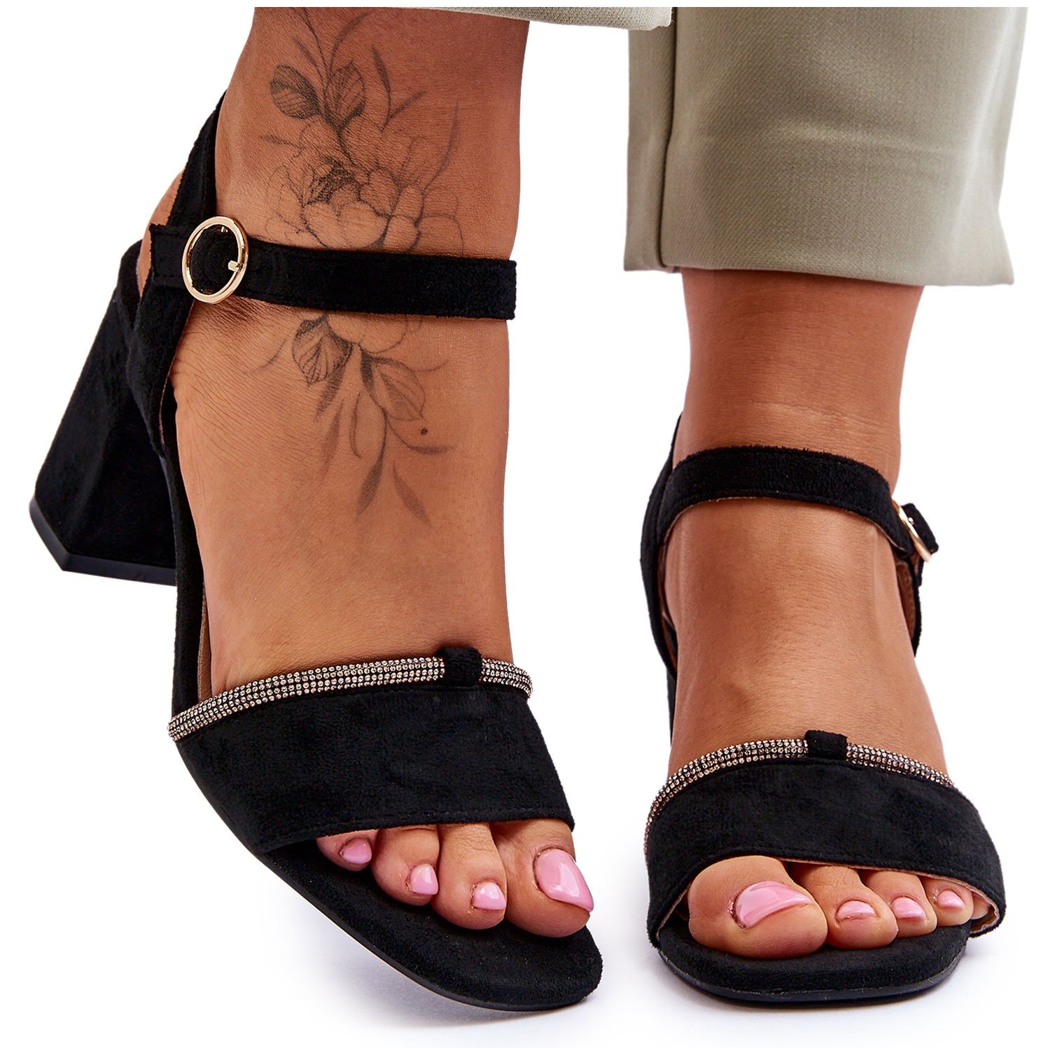 PE1 Damskie Zamszowe Sandały Na Niskim Słupku Czarne Loredo