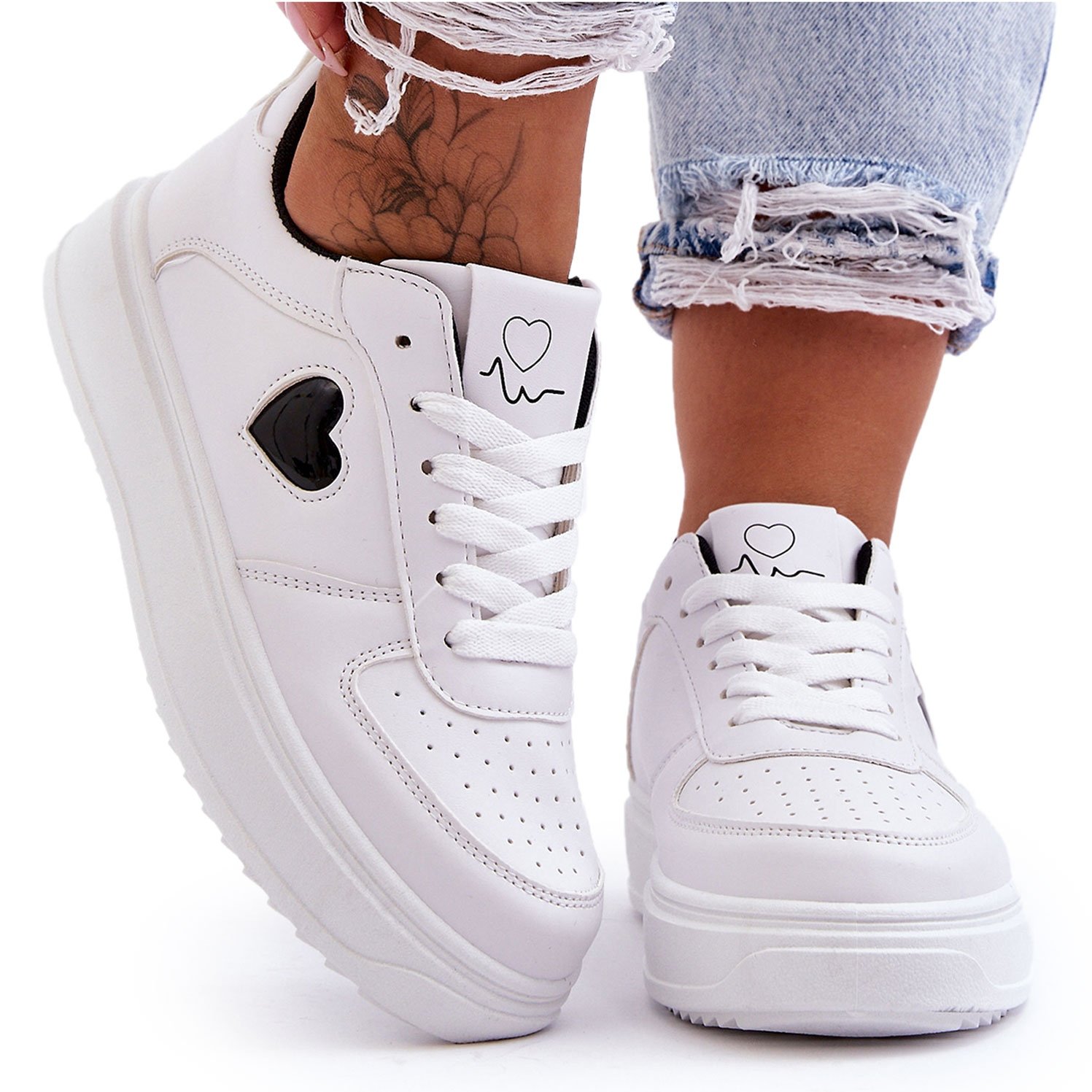 FJ1 Klasyczne Buty Sportowe Z Serduszkiem Biało-Czarne Amore białe