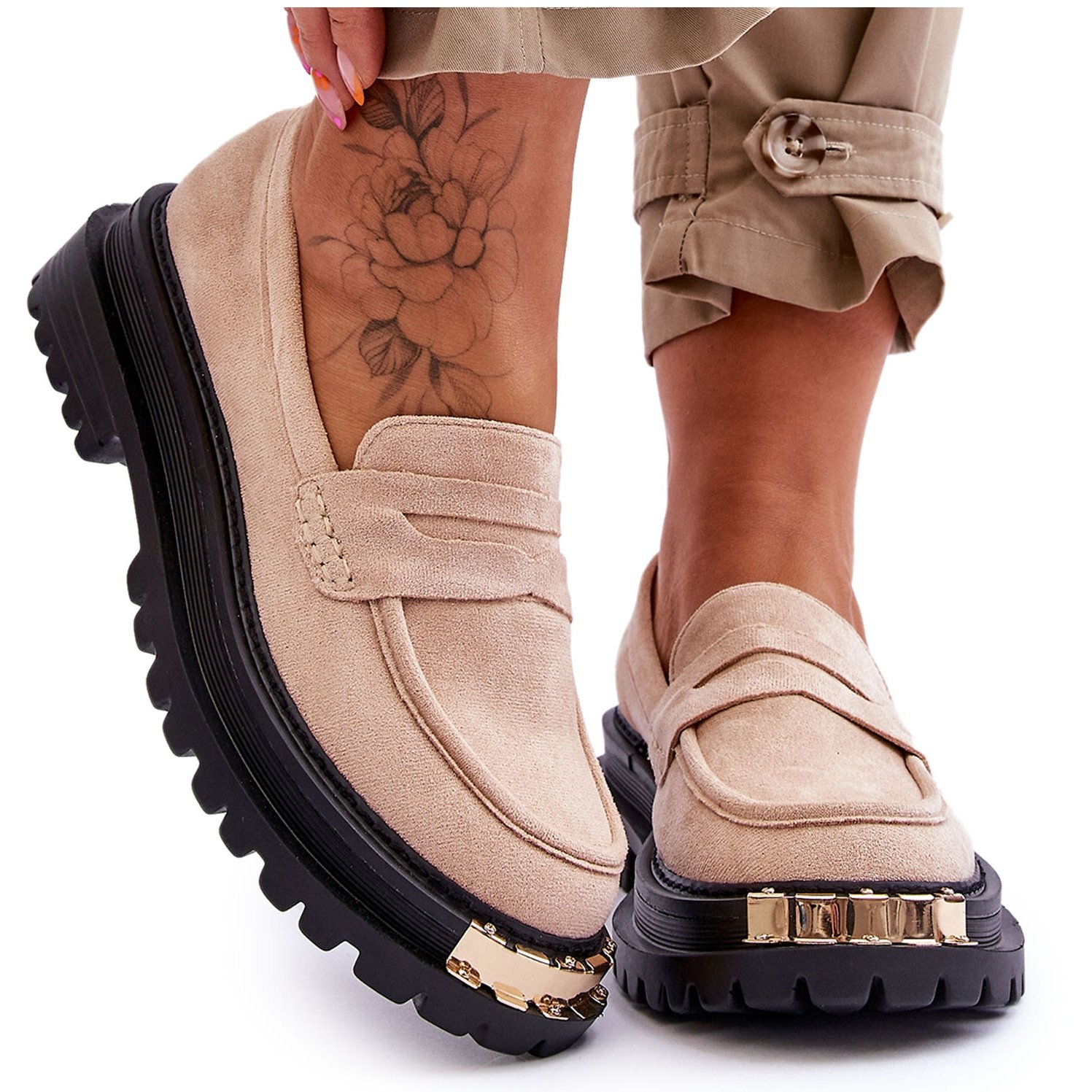 FJ1 Klasyczne Zamszowe Mokasyny Z Ozdobą Beżowe Monaro beżowy