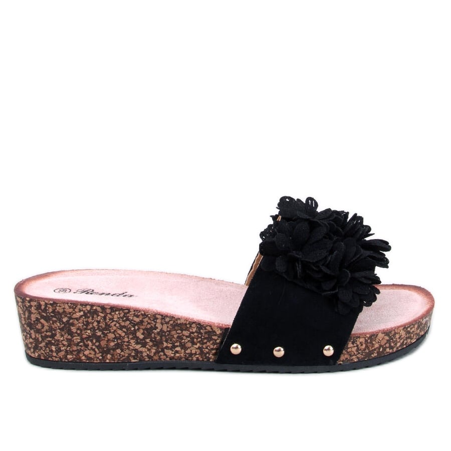 Klapki na koturnie z kwiatami Galia Black czarne