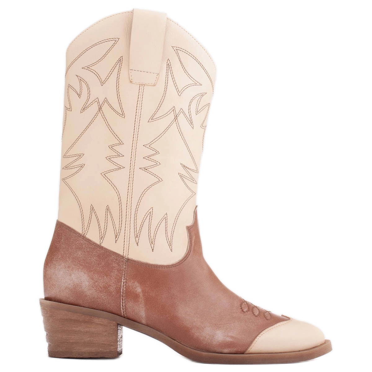 Marco Shoes Kowbojki haftowane, skóra przecierana efekt vintage beżowy brązowe