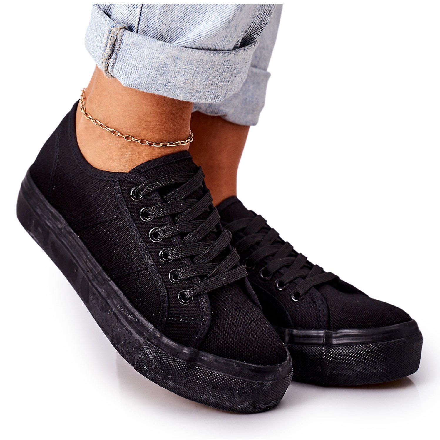 PW1 Damskie Tenisówki Na Platformie Czarne Skateboard