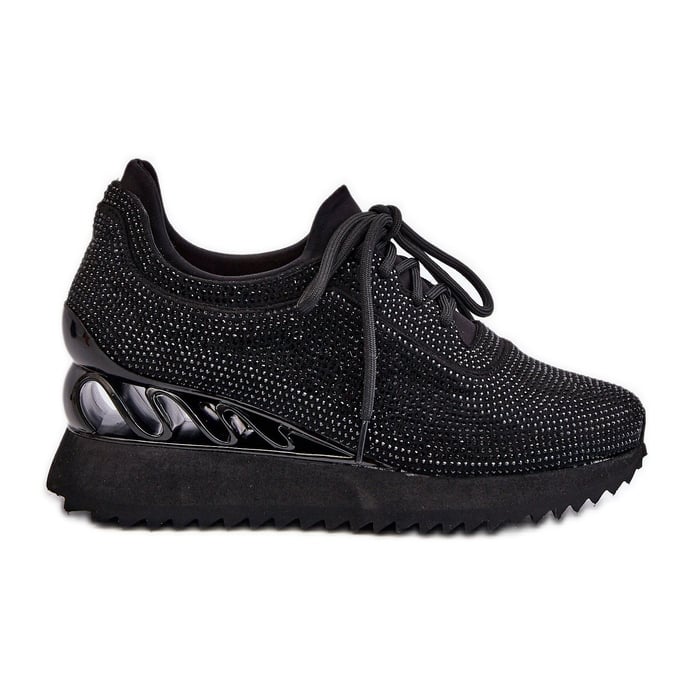 S.Barski Sneakersy Damskie Na Koturnie Zdobione Cyrkoniami D&A MR38-377 Czarne
