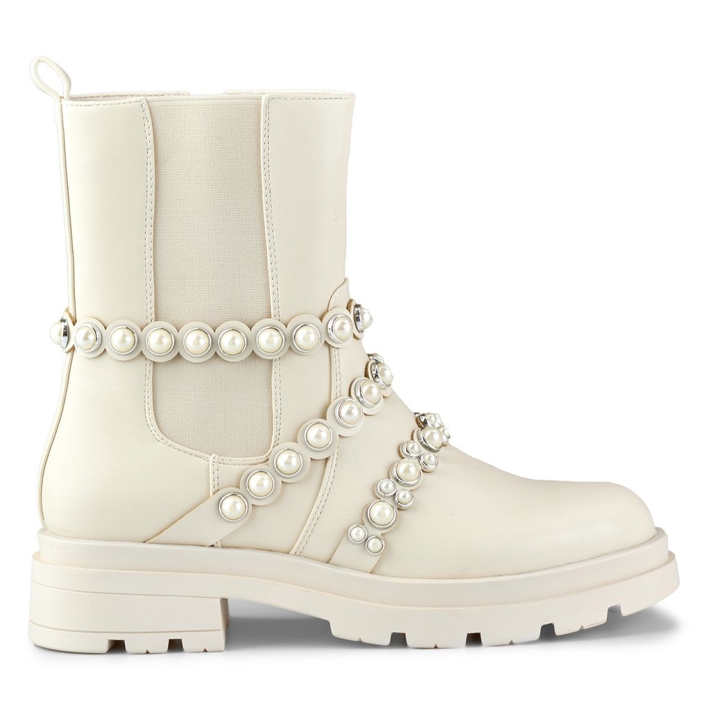 Beżowe botki damskie z ozdobnymi dodatkami beżowy