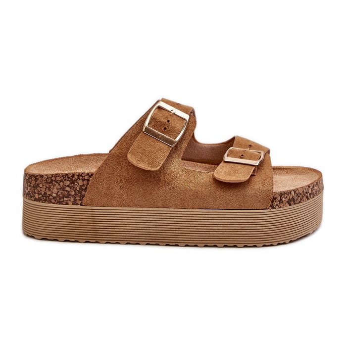 Damskie Klapki Na Platformie Z Klamrami Camel Lolpey brązowe
